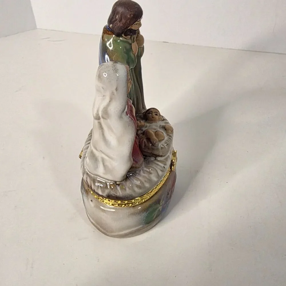 Vintage Porcelain Nativity Holy Family Hinged Trinket Box Mary Joseph Baby Jesus